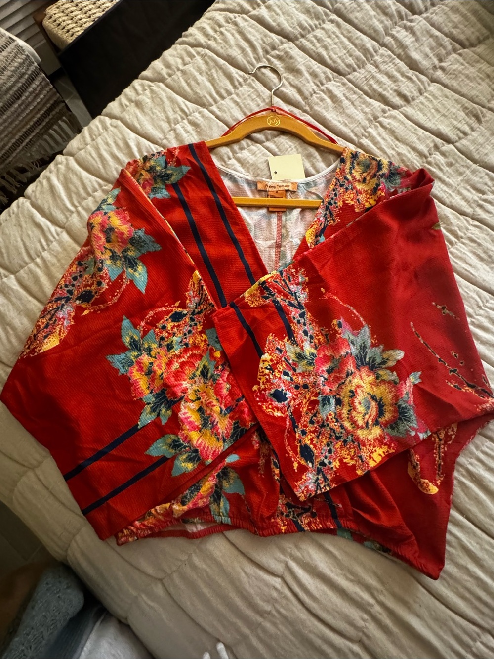 Flying Tomato Floral Kimono Crop Top Boho Red Multi Medium